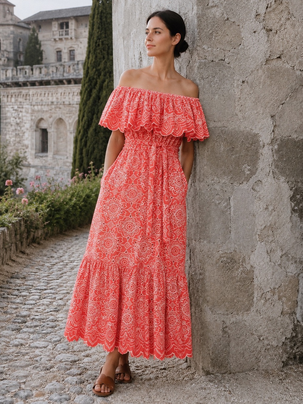Trina Turk Arina Dress XXL Coral Eyelet Off Shoulder Midi Cotton